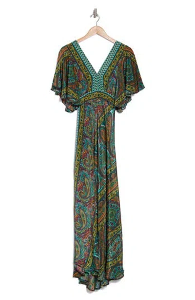 La Fiorentina Paisley Floral Flutter Sleeve Maxi Dress In Green
