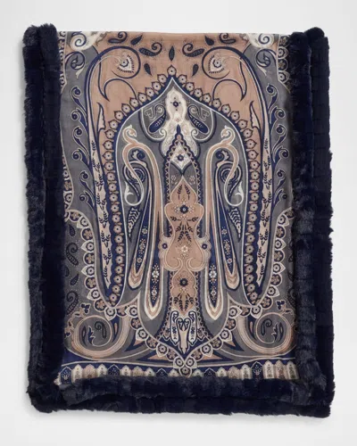 La Fiorentina Paisley-print Cashmere-blend Wrap With Faux Fur Trim In Black