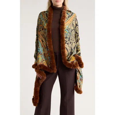La Fiorentina Paisley Wrap Scarf With Faux Fur Trim In Multi