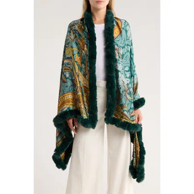 La Fiorentina Paisley Wrap Scarf With Faux Fur Trim In Green