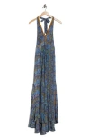 La Fiorentina Printed Maxi Halter Dress In Blue