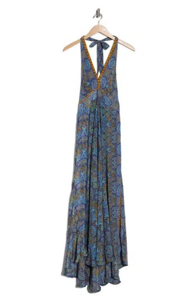 La Fiorentina Printed Maxi Halter Dress In Blue