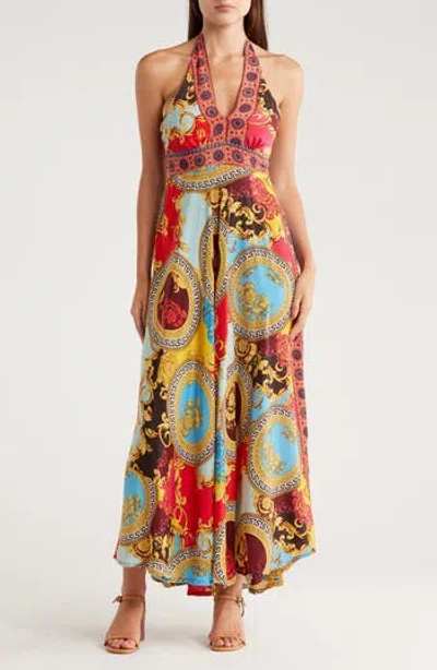 La Fiorentina Printed Maxi Halter Dress In Multi