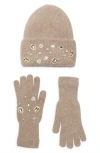 La Fiorentina Rhinestone Beanie & Gloves Set In Brown