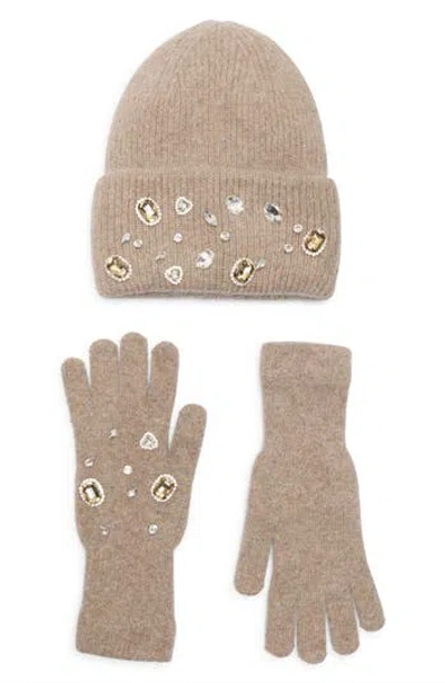 La Fiorentina Rhinestone Beanie & Gloves Set In Brown