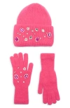 La Fiorentina Rhinestone Beanie & Gloves Set In Pink