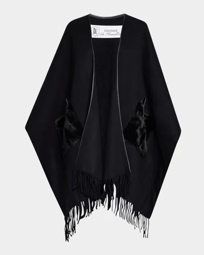 La Fiorentina Ruana Shawl W/ Faux Fur Trim In Black