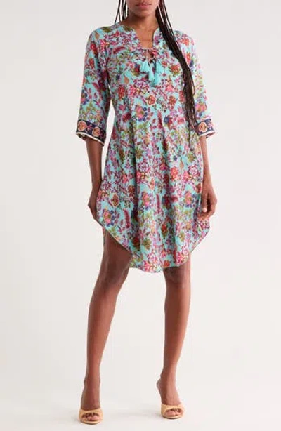 La Fiorentina U-hem Print Dress In Aqua Blue/ Pink