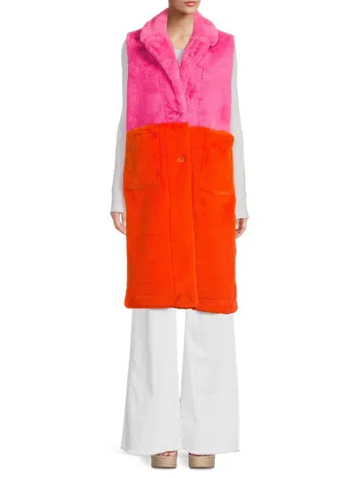 La Fiorentina Women's Colorblock Faux Fur Longline Vest In Pink Orange