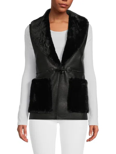 La Fiorentina Women's Faux Fur Trim Faux Leather Vest In Black