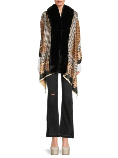 La Fiorentina Women's Houndstooth Faux Fur Trim Wrap In Multi