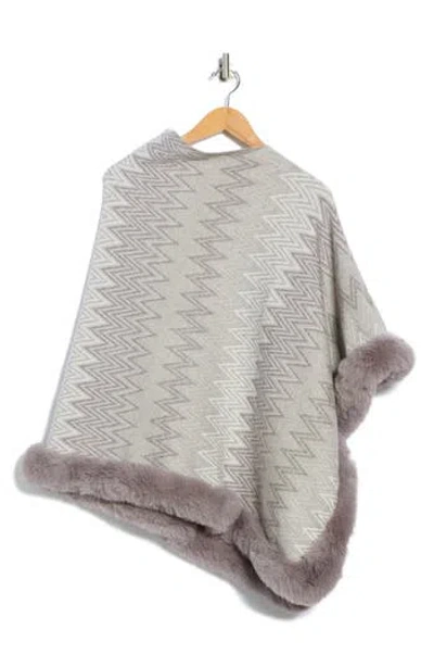 La Fiorentina Zigzag Poncho With Faux Fur Trim In Gray