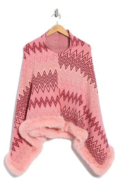 La Fiorentina Zigzag Poncho With Faux Fur Trim In Pink