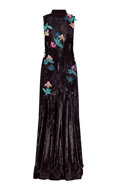 La Fuori Black Floral Embroidered Gown