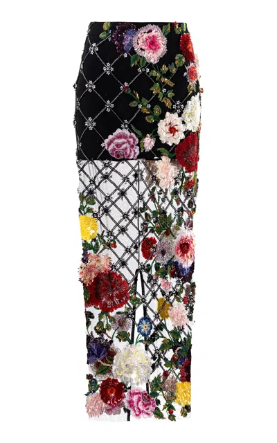 La Fuori Bloom Noir Embellished Midi Skirt In Multi