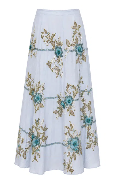 La Fuori Blue Metallique Embellished Maxi Skirt In White