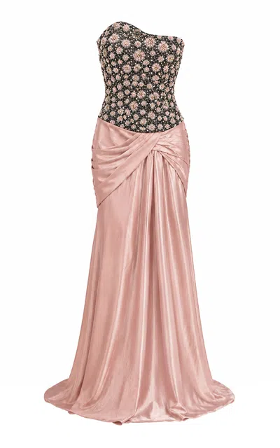 La Fuori Blush Mirage Embellished Cascade Gown In Pink