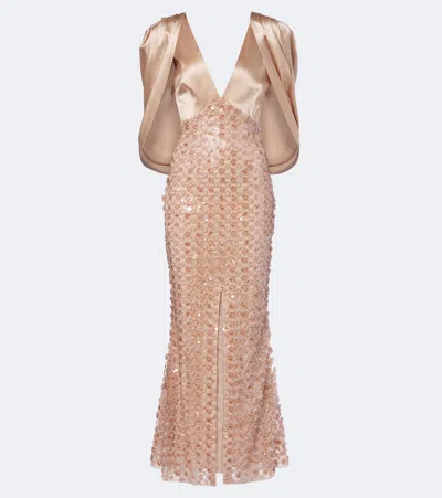 La Fuori Là Fuori Caped Sequined Silk Satin Gown In Pink