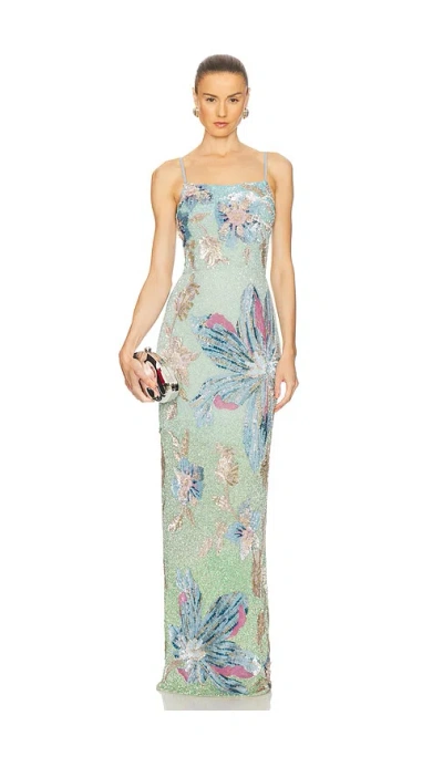 La Fuori Cascade Floralia Fully Embroidered Gown In Gray