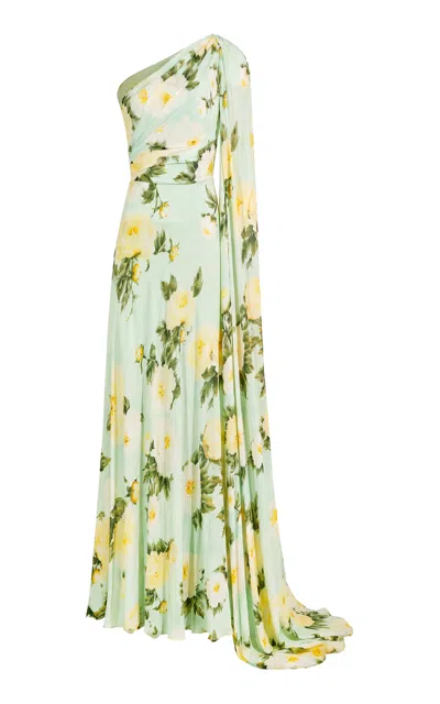 La Fuori Celadon Bloom Draped Silk Maxi Dress In Green