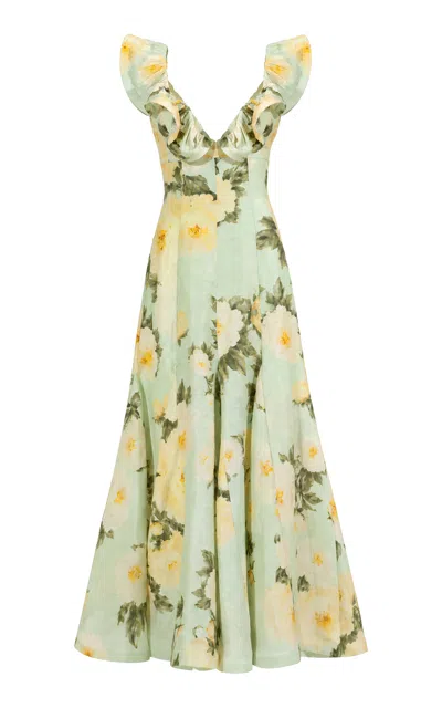 La Fuori Celadon Bloom Linen-silk Maxi Dress In Green