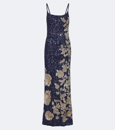 La Fuori Celestial Bloom Embellished Gown In Blue