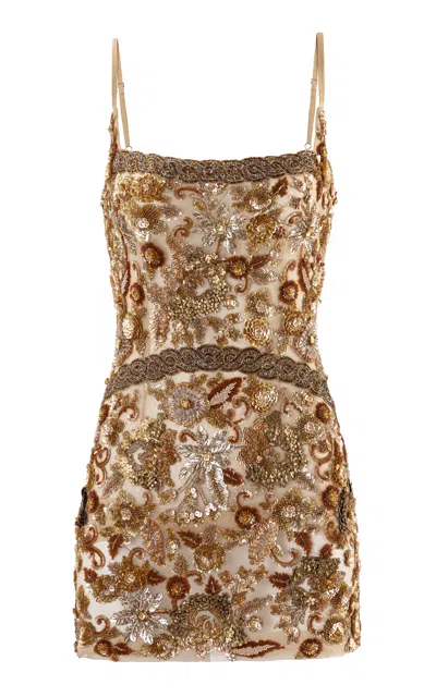 La Fuori Celestial Gold Embellished Mini Dress In Brown