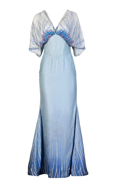 La Fuori Cerulean Lines Embroidered Silk Gown In Blue