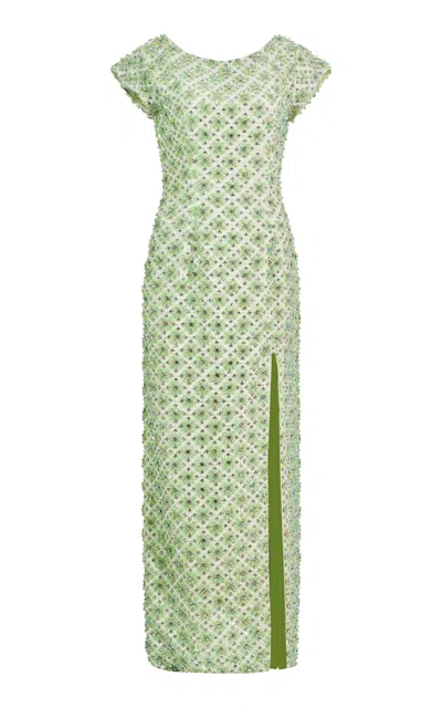 La Fuori Citrine Crystal Slit Maxi Dress In Green