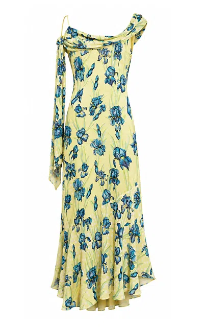 La Fuori Citrine Iris Draped Silk Maxi Dress In Yellow
