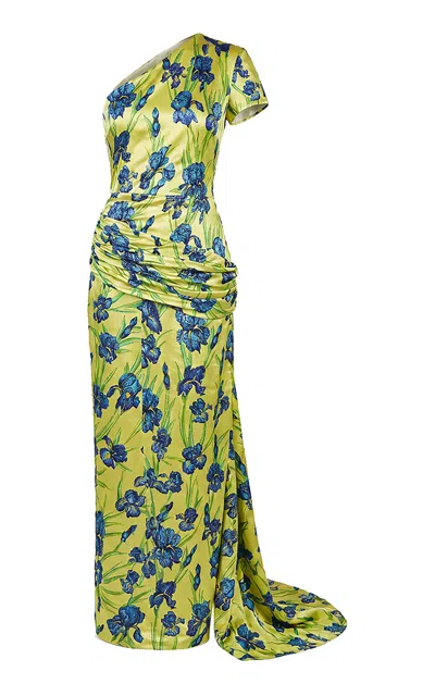 La Fuori Citrine Iris One-shoulder Silk Midi Dress In Green