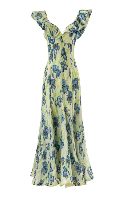 La Fuori Citrine Iris Ruffle Linen-silk Maxi Dress In Green