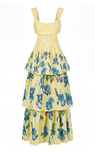 La Fuori Citrine Iris Tiered Linen-silk Maxi Dress In Yellow