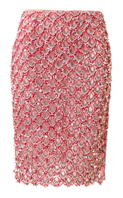 La Fuori Coral Cascade Embellished Pencil Skirt In Pink