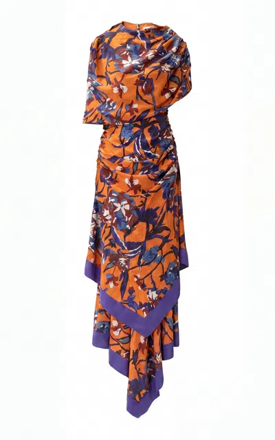 La Fuori Coral Twilight Draped Silk Maxi Dress In Brown