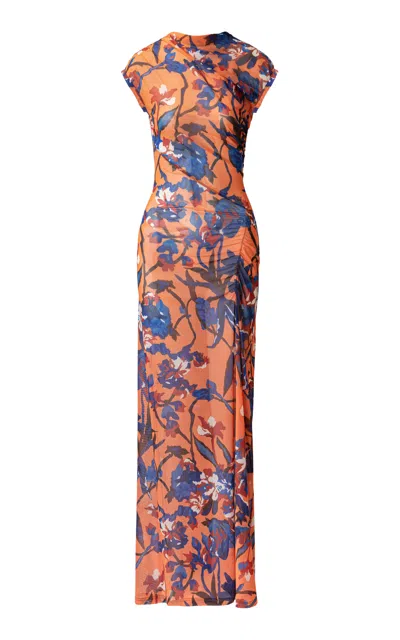 La Fuori Coral Twilight Printed Mesh Maxi Dress In Multi