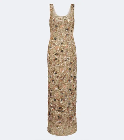 La Fuori Cyprus Garden Floral Sequined Gown In Gold