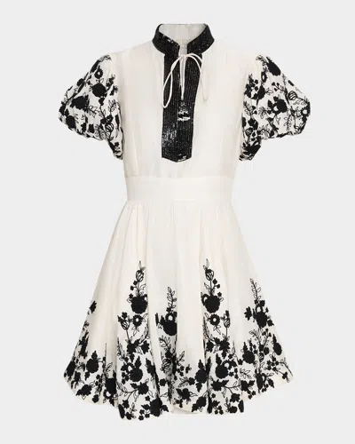La Fuori Dori Embroidered Organza Puff-sleeve Mini Dress In Neutral