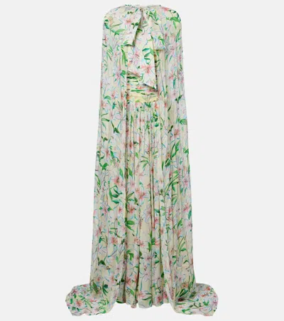 La Fuori Là Fuori Draped Floral Caped Gown In Multi