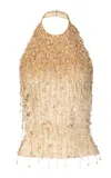La Fuori Drops Of Champagne Embroidered Halter Embellished Silk Top In Gold