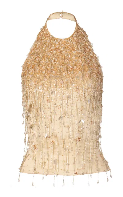 La Fuori Drops Of Champagne Embroidered Halter Embellished Silk Top In Gold