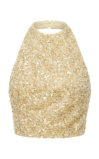 La Fuori Eclat Glow Embellished Halter Neck Top In Brown