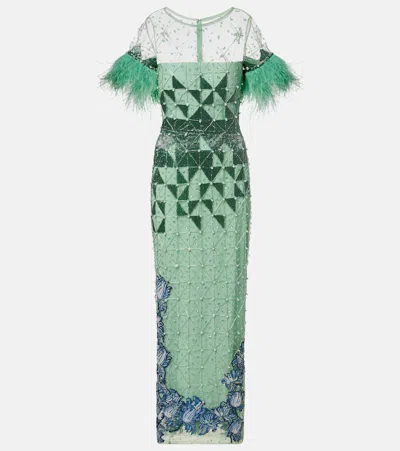 La Fuori Là Fuori Embellished Feather-trimmed Gown In Green