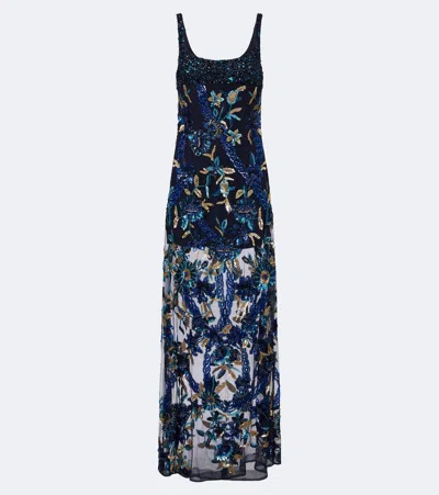 La Fuori Là Fuori Embellished Floral Mesh Gown In Blue