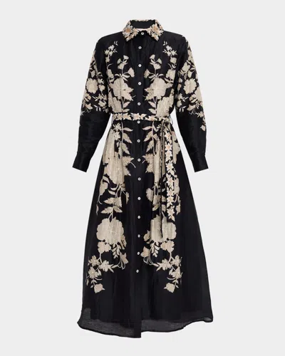 La Fuori Embellished Floral Silk-linen Organza Midi Shirtdress With Belt In Black