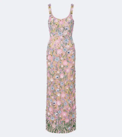 La Fuori Là Fuori Embellished Floral-appliqué Gown In Pink