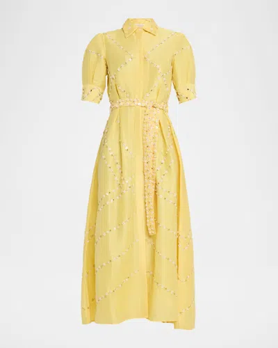 La Fuori Embellished Organza Short-sleeve Belted Midi Shirtdress