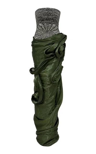 La Fuori Emerald Swirl Embellished Draped Gown In Green