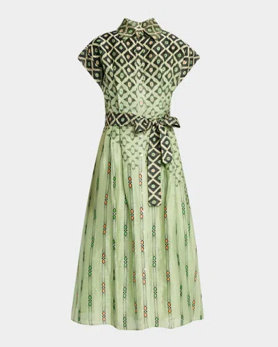 La Fuori Evelina Hexahue Matcha Midi Shirtdress In Multi