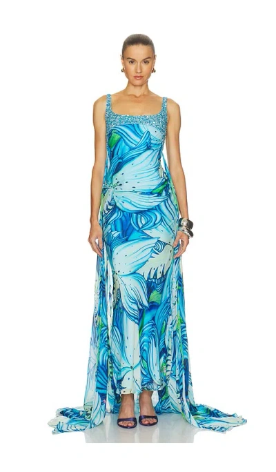 La Fuori Floral Pixie Trail Dress In Blue